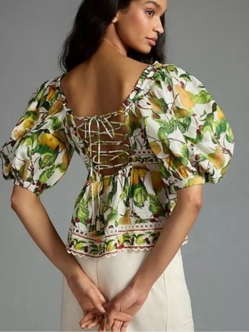 FARM Rio Corset Back Puff Sleeve Blouse Fruit Orchard Print 100% Cotton XL - Picture 3 of 11